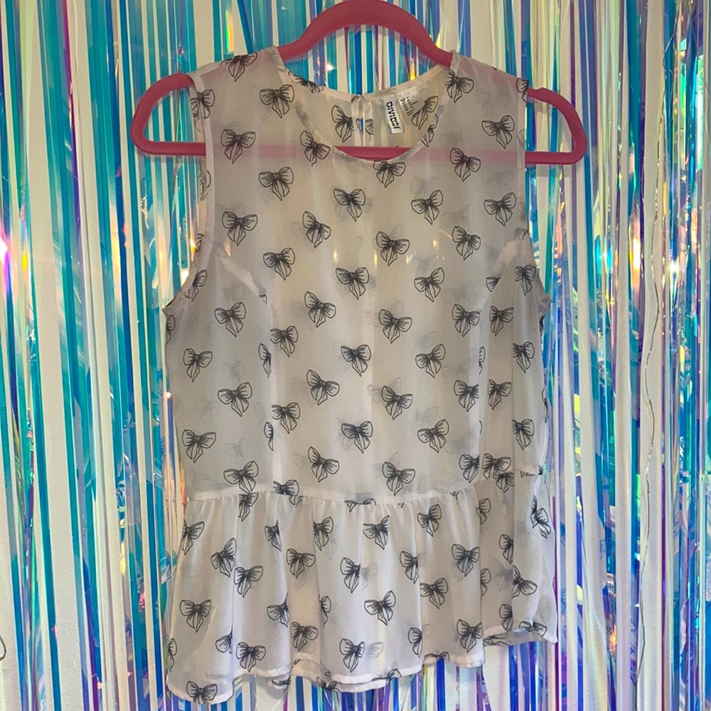 Divided • Bow Print Peplum Sleeveless Ruffle Blouse Indie Sleeze
